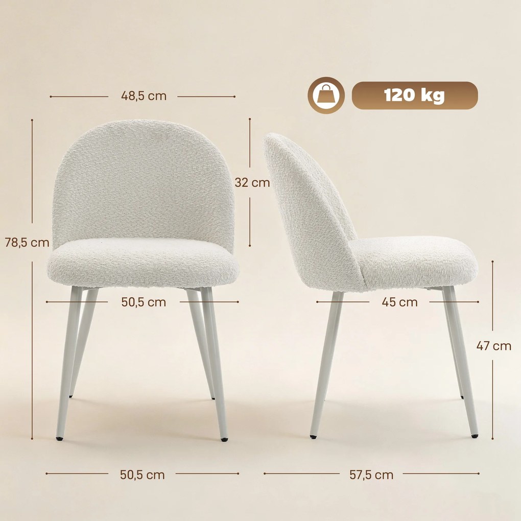HOMCOM Krzesła do jadalni, krzesła kuchenne, miękkie tapicerowane chenille, 50,5 x 57,5 x 78,5 cm, kremowobiały | Aosom PL
