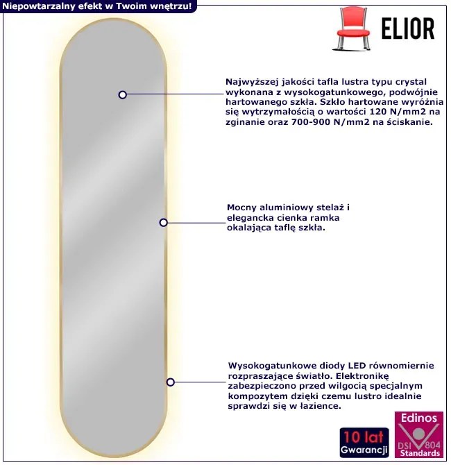 Złote nowoczesne lustro led 155x40 cm P8-F72