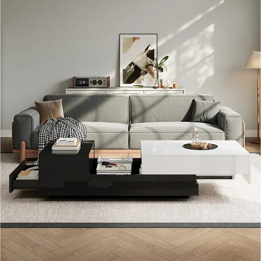 Prostokątny stolik kawowy z przesuwanym blatem i 1 szufladą do przechowywania - czarny i biały