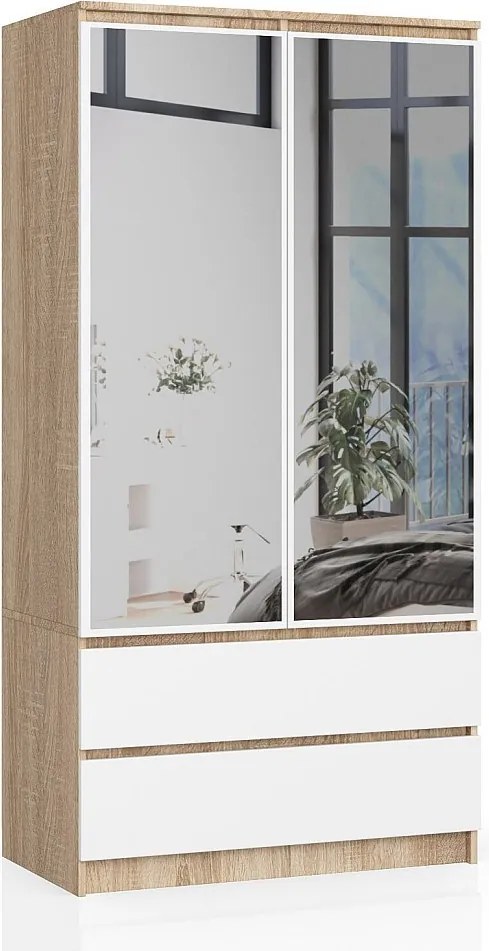 Szafa AKORD S90 Dąb Sonoma 90 cm z lustrem 2 drzwi 2 szuflady kolor Biały mat 4 półki 90x51x180 cm