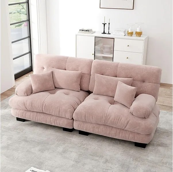 Sofa 2-osobowa różowa - z 4 poduszkami - rama z litego drewna + tkanina plusz - 220x77x81cm