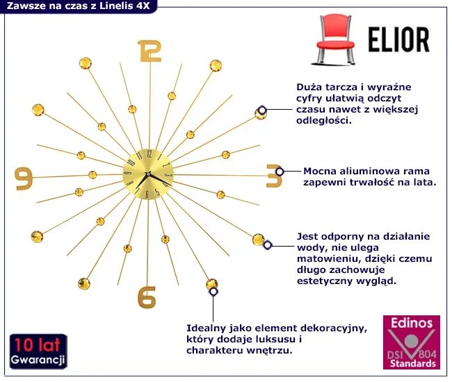 Złoty zegar ścienny 70 cm - Linelis 4X