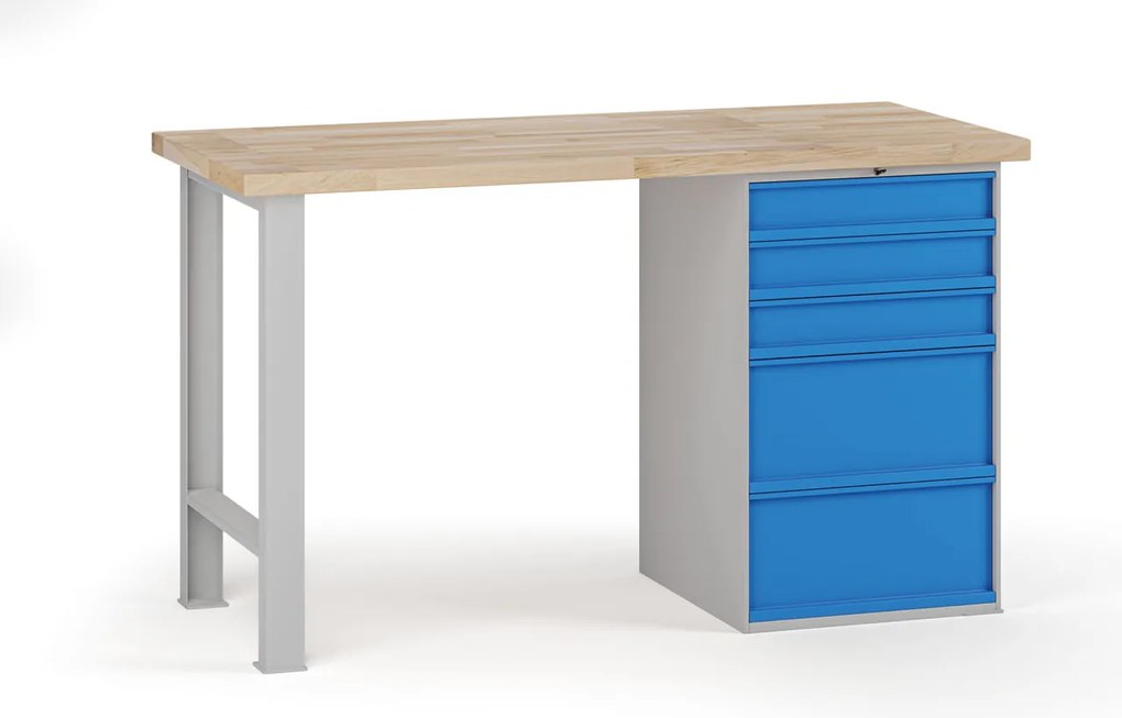 Stół warsztatowy G7, blat bukowy, 1500 x 685 x 840 mm, 1x kontener, 5x szuflada, niebieski