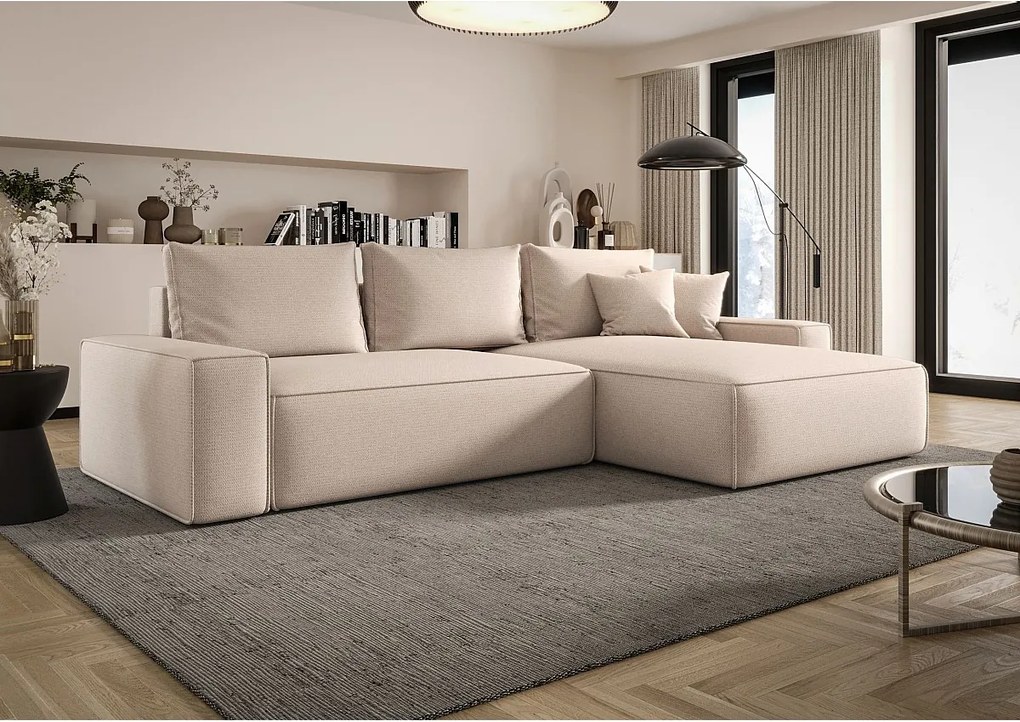 Narożnik MONA z funkcją spania ARAGON 03 beżowy prawy sofa w kształcie litery L z pojemnikiem na pościel sofa do salonu kanapa sofa rozkładana kanapa z pojemnikiem