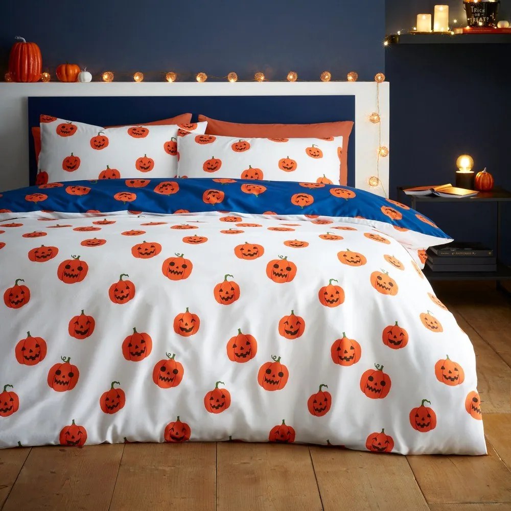 Niebiesko-pomarańczowa pościel dwuosobowa 230x220 cm Halloween Pumpkins – Catherine Lansfield