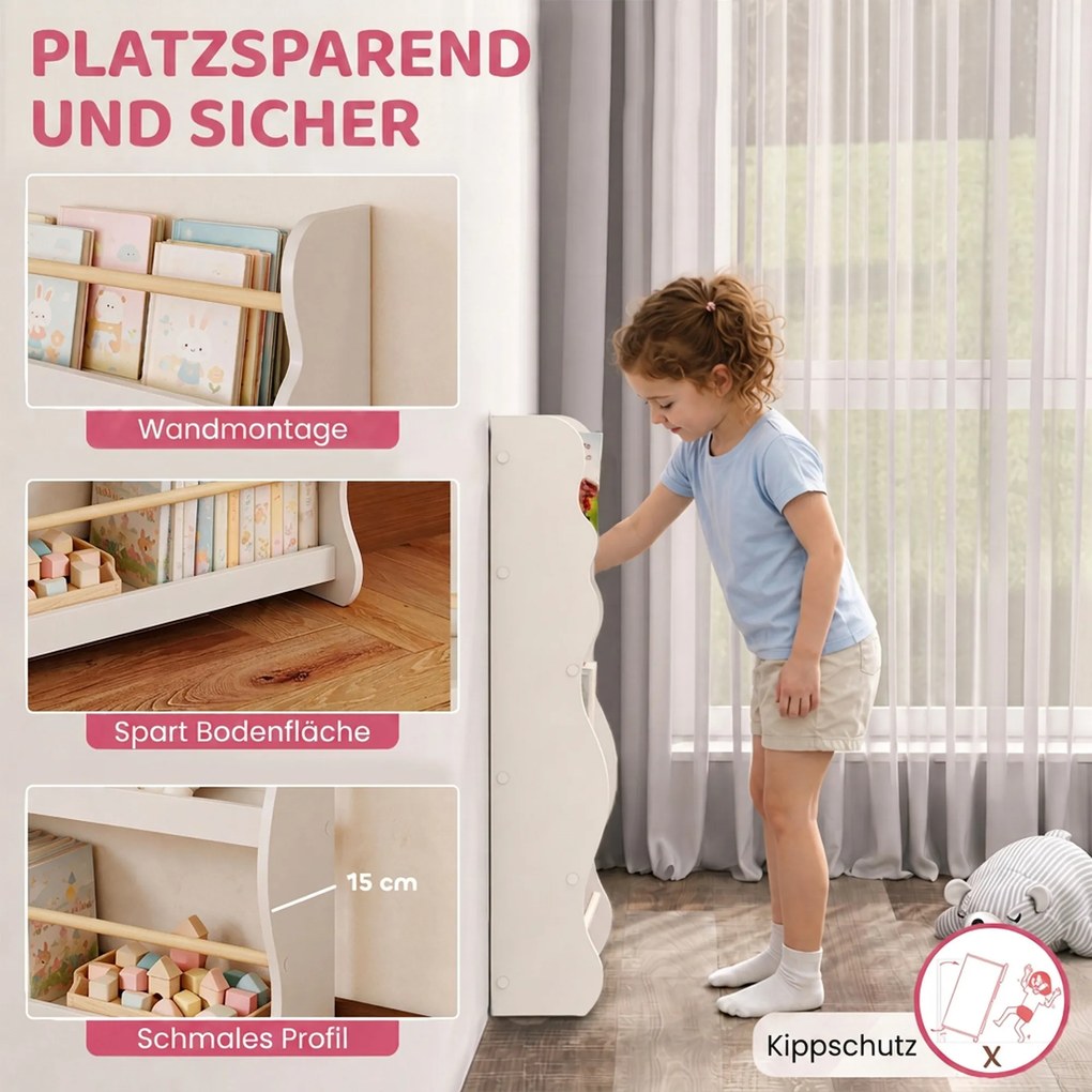 AIYAPLAY Regał na książki dla dzieci, montowany na ścianie regał dziecięcy z 3 poziomami, półka ścienna z Kippschtz 60 x 15 x 73 cm Biały | Aosom PL