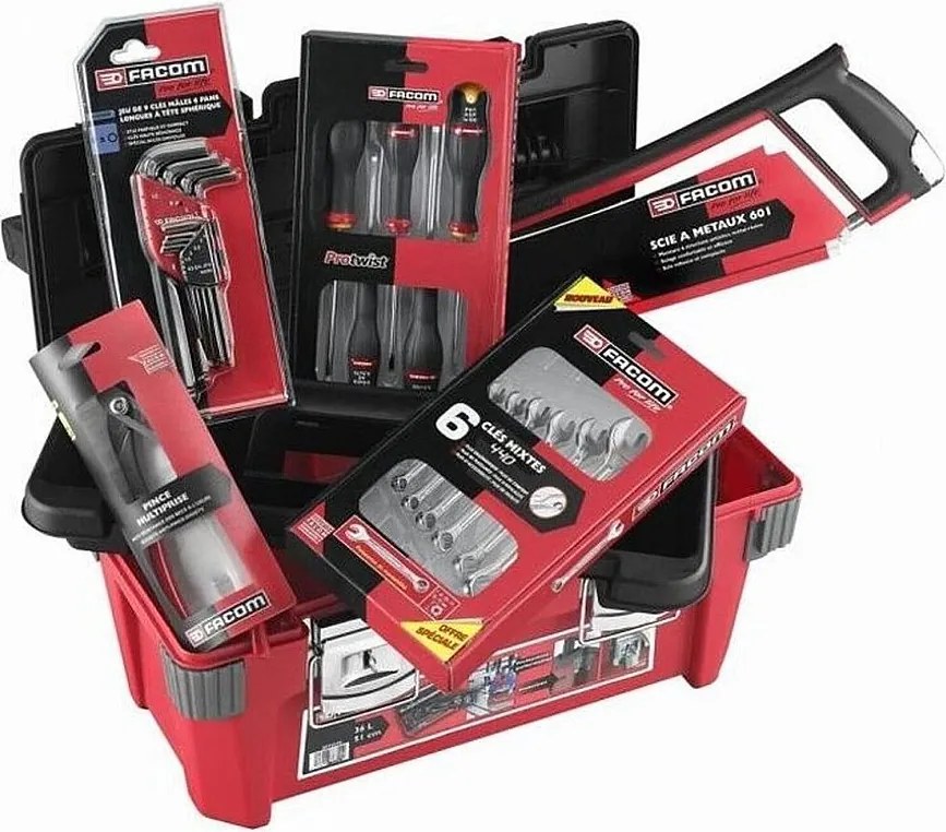 Skrzynka narzędziowa FACOM 22 elementy Protwist, klucze płasko-oczkowe OGV, klucze imbusowe kulowe, szczypce uniwersalne i piła do metalu