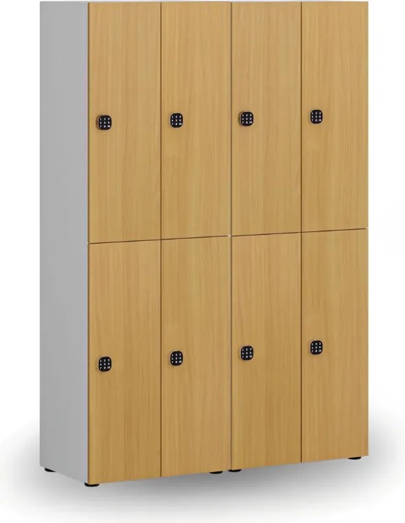 Drewniana szafka skrytkowa S4, 4 schowki, demontaż, zamek kodowy, szary/brzoza