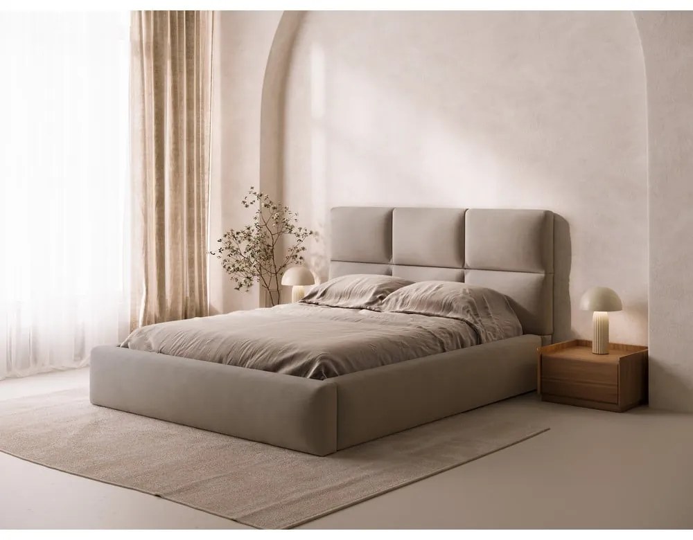 Jasnobrązowe tapicerowane łóżko dwuosobowe ze schowkiem ze stelażem 160x200 cm Libera – Windsor &amp; Co Sofas
