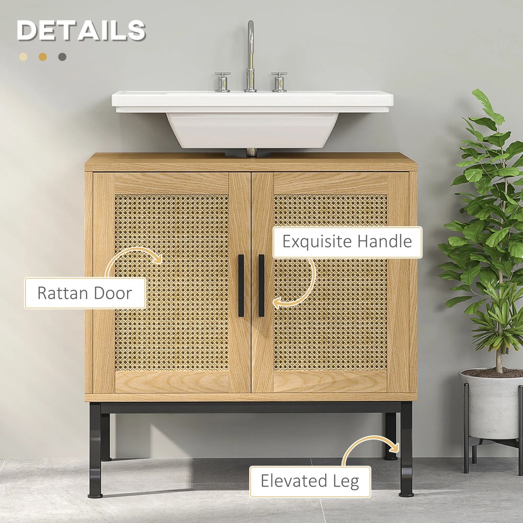 kleankin Szafka łazienkowa w stylu Boho, z rattanowymi elementami, z wycięciem pod umywalkę, Dąb