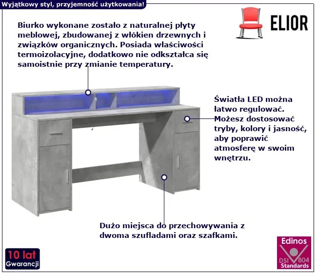 Biurko podświetlane z szafkami 160 cm beton - Duna
