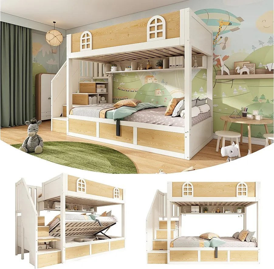 Łóżko piętrowe dla dzieci - 2 x 90 x 200 cm - z drabinką + półką + skrzynią hydrauliczną - drewno + metal - naturalne