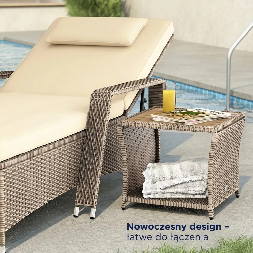 Polirattanowy stolik pomocniczy ROCCO z drewna akacjowego, 40x45x45cm, kremowy Casaria
