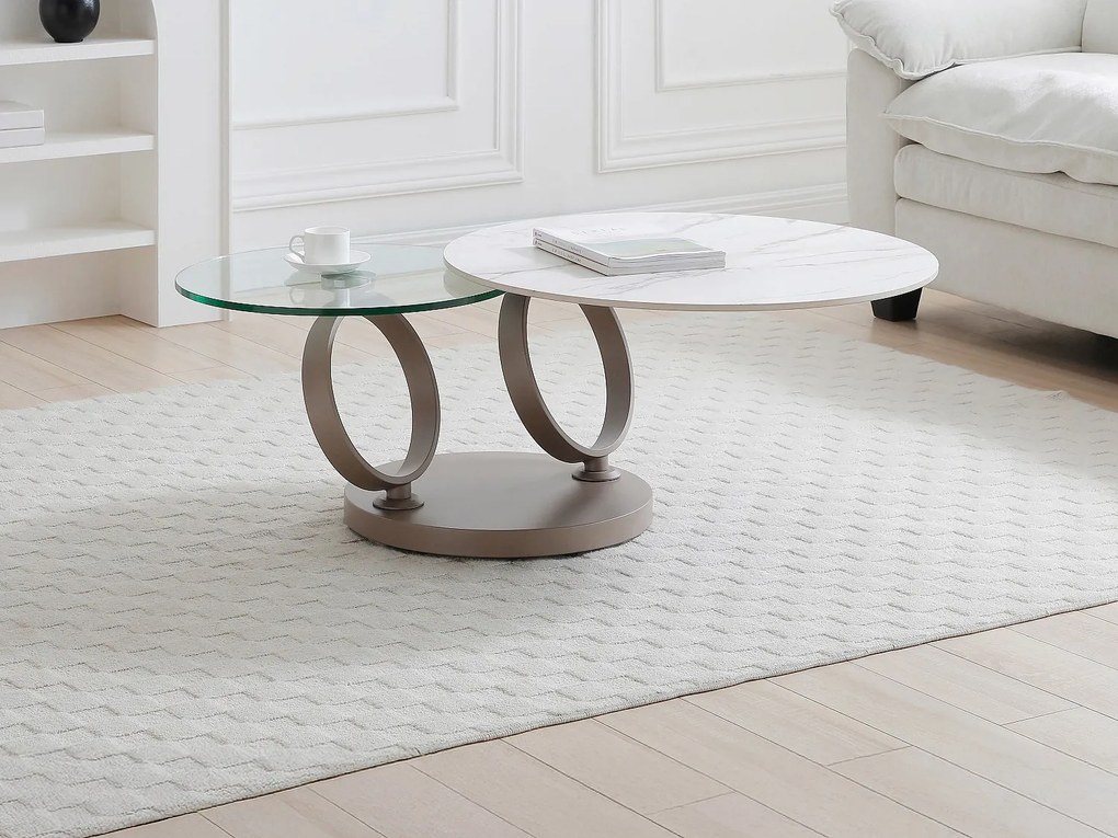 Stolik kawowy z obrotowymi blatami z ceramiki, szkła hartowanego i metalu taupe - Efekt białego marmuru - JOLINE marki Maison Céphy