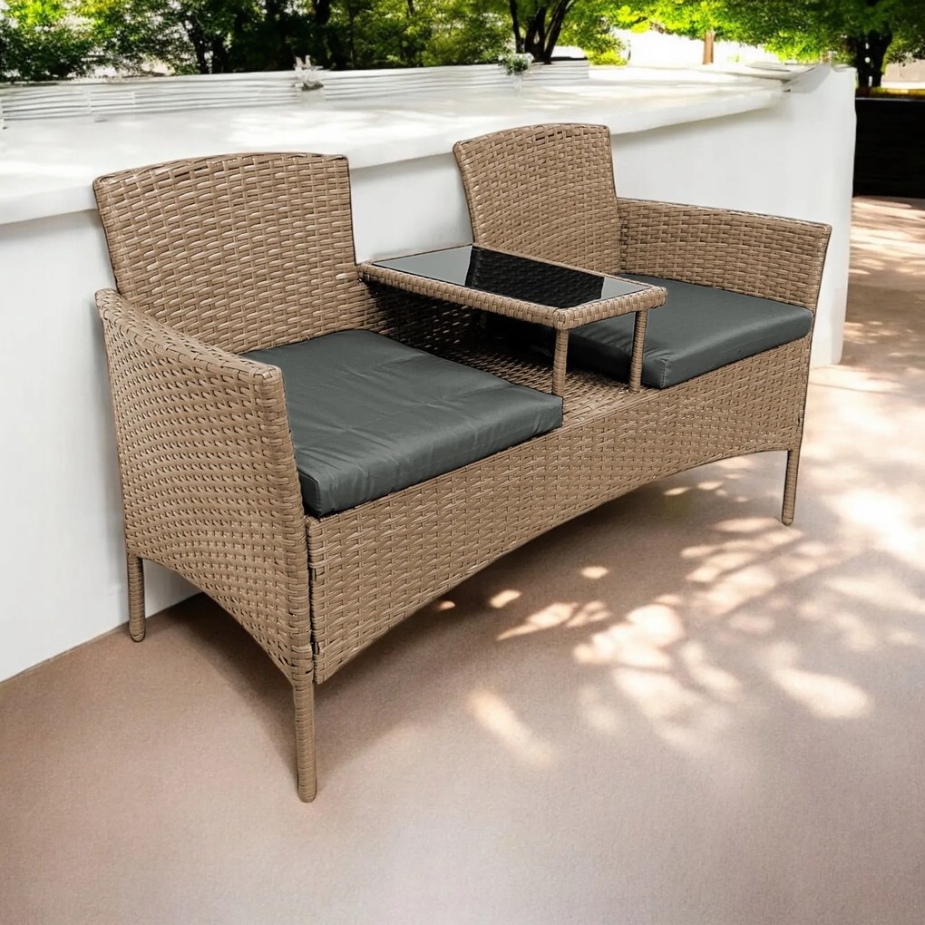 Meble ogrodowe Ratina NM-03, dwuosobowa sofa ze stolikiem, kolor naturalny, poduszki szare