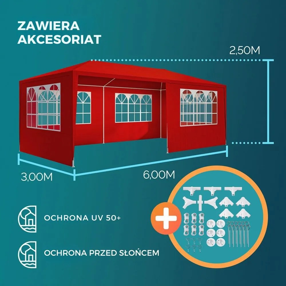 Namiot imprezowy NEAPOL, 3x6m, czerwona Jurhan