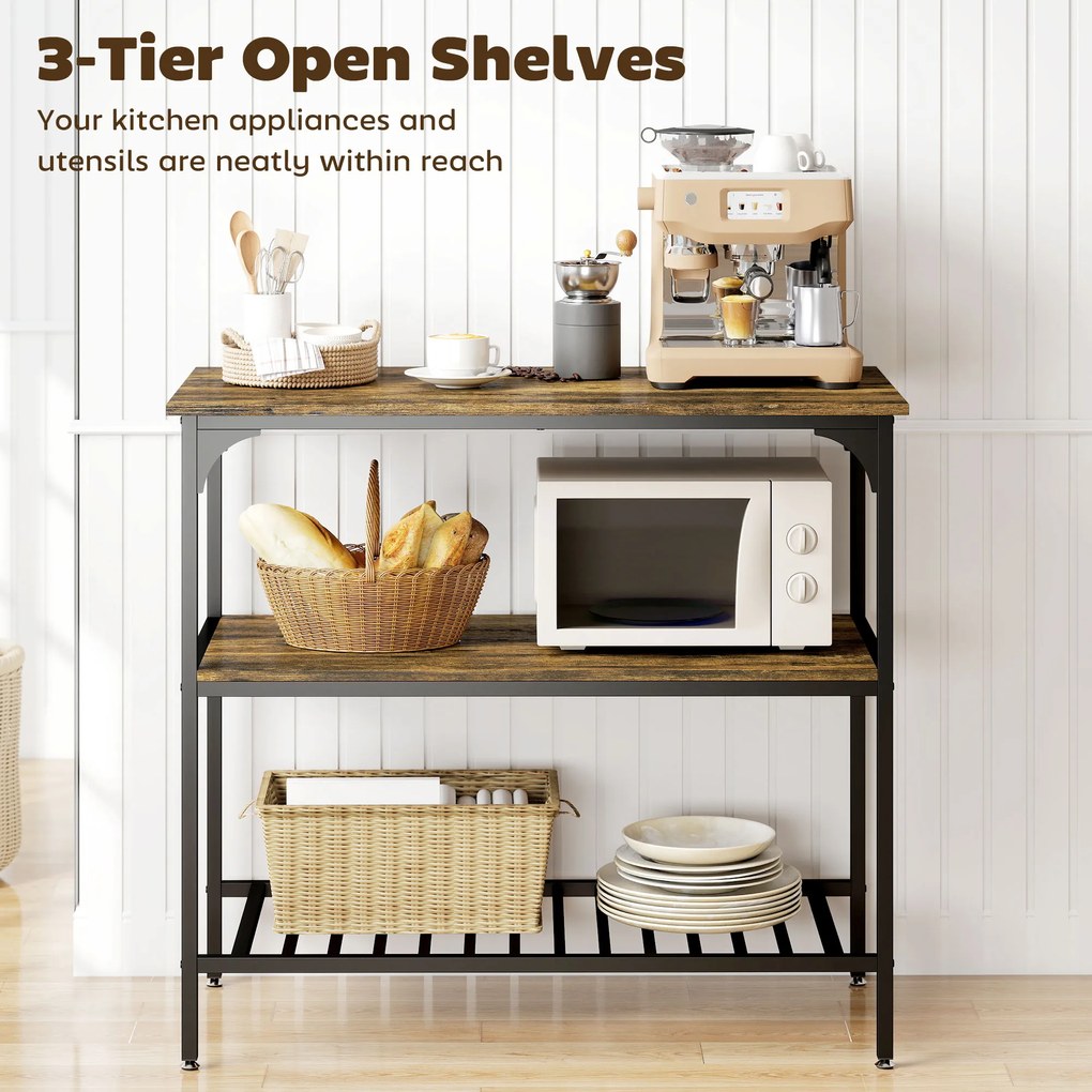 HOMCOM Regał kuchenny, 3-poziomowy regał kuchenny ze stalową ramą, Rustykalny-Brąz+Czarny