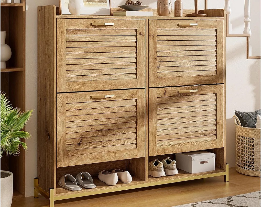 Szafa na buty 108.5x24x100 cm - z 4 frontami - Konstrukcja metalowa - Górna półka - MDF - Kolor naturalny