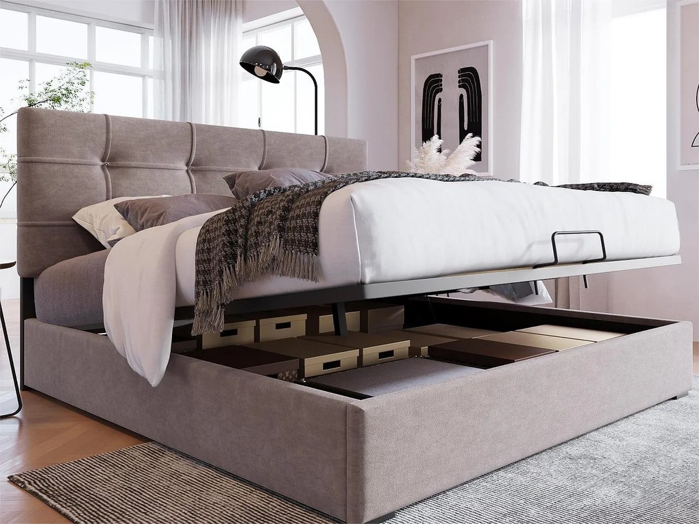 Łóżko ze schowkiem 140 x 200 cm - Aksamit - Regulowany zagłówek - Stelaż listwowy - Jasnoszary
