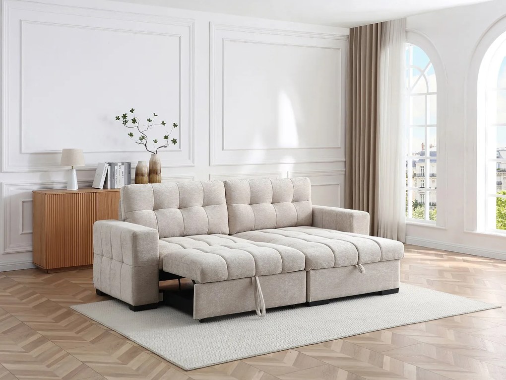 Kanapa narożna rozkładana i dwustronna z teksturowanej tkaniny w kolorze beżowym BRISAMA