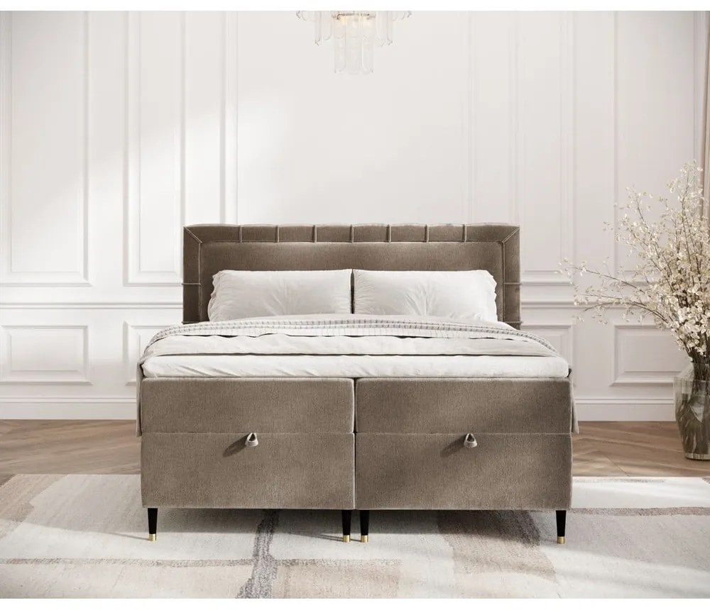 Beżowe łóżko boxspring ze schowkiem 200x200 cm Voyage – Maison de Rêve