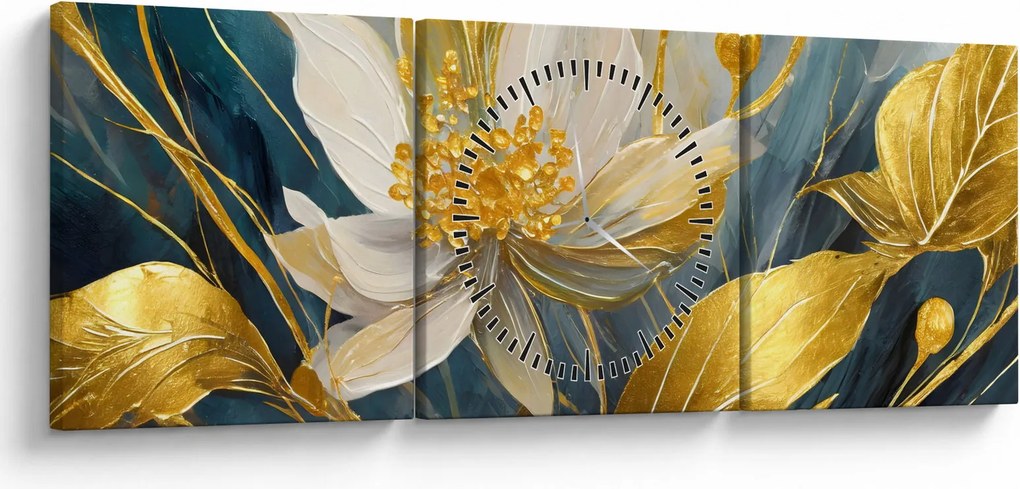 Obraz - Malowanie złotych kwiatów (z zegarem) (90x30 cm)