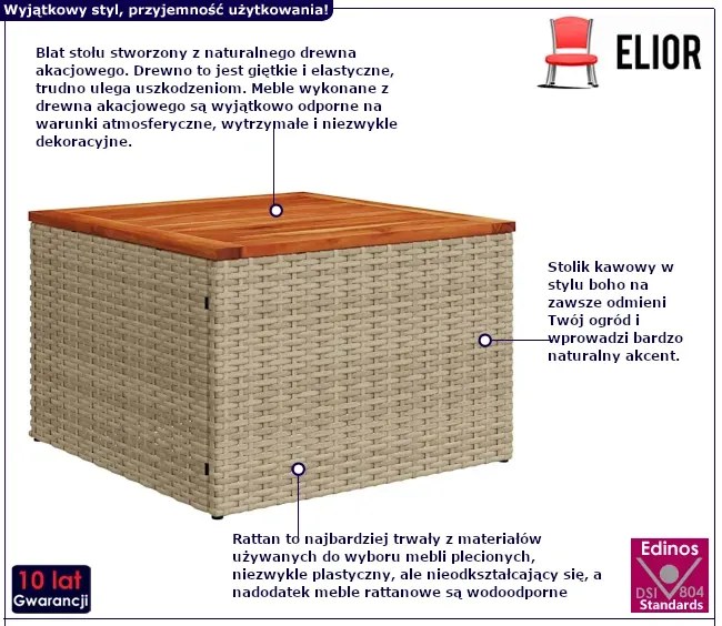 Beżowy stolik kawowy rattanowy w stylu boho - Elbos