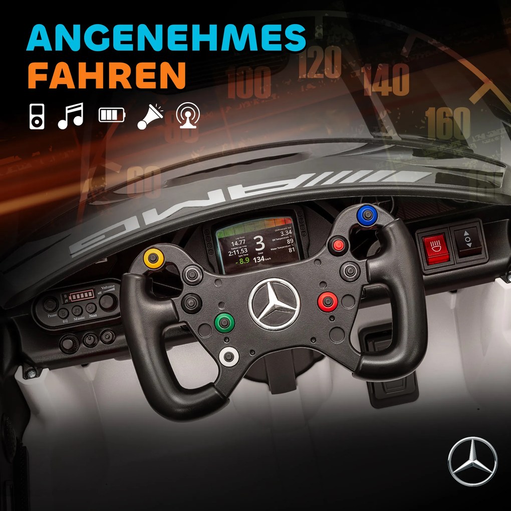 AIYAPLAY Elektryczny samochód Mercedes, Pojazd na siedzenie dla dzieci, Akumulator 12V, światła LED, funkcja muzyczna, klakson, 3-8 lat, Biały