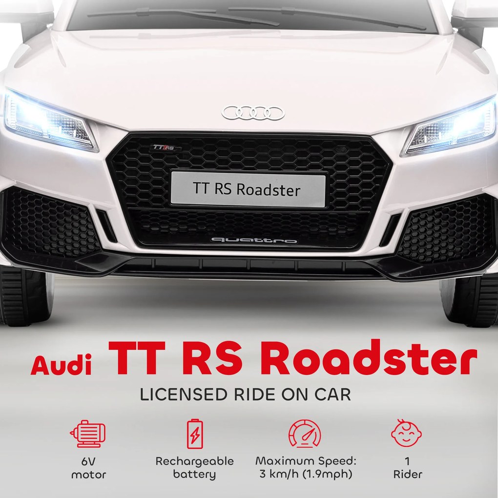 HOMCOM Elektryczny samochód dla dzieci, Audi TT RS Roadster, 3 km/h, pilot zdalnego sterowania, LED, USB, Biały