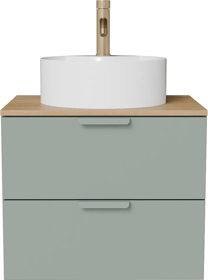 Wisząca szafka łazienkowa z okrągłą umywalką nablatową i baterią – Zielony szałwiowy – S60 cm – AVORELI