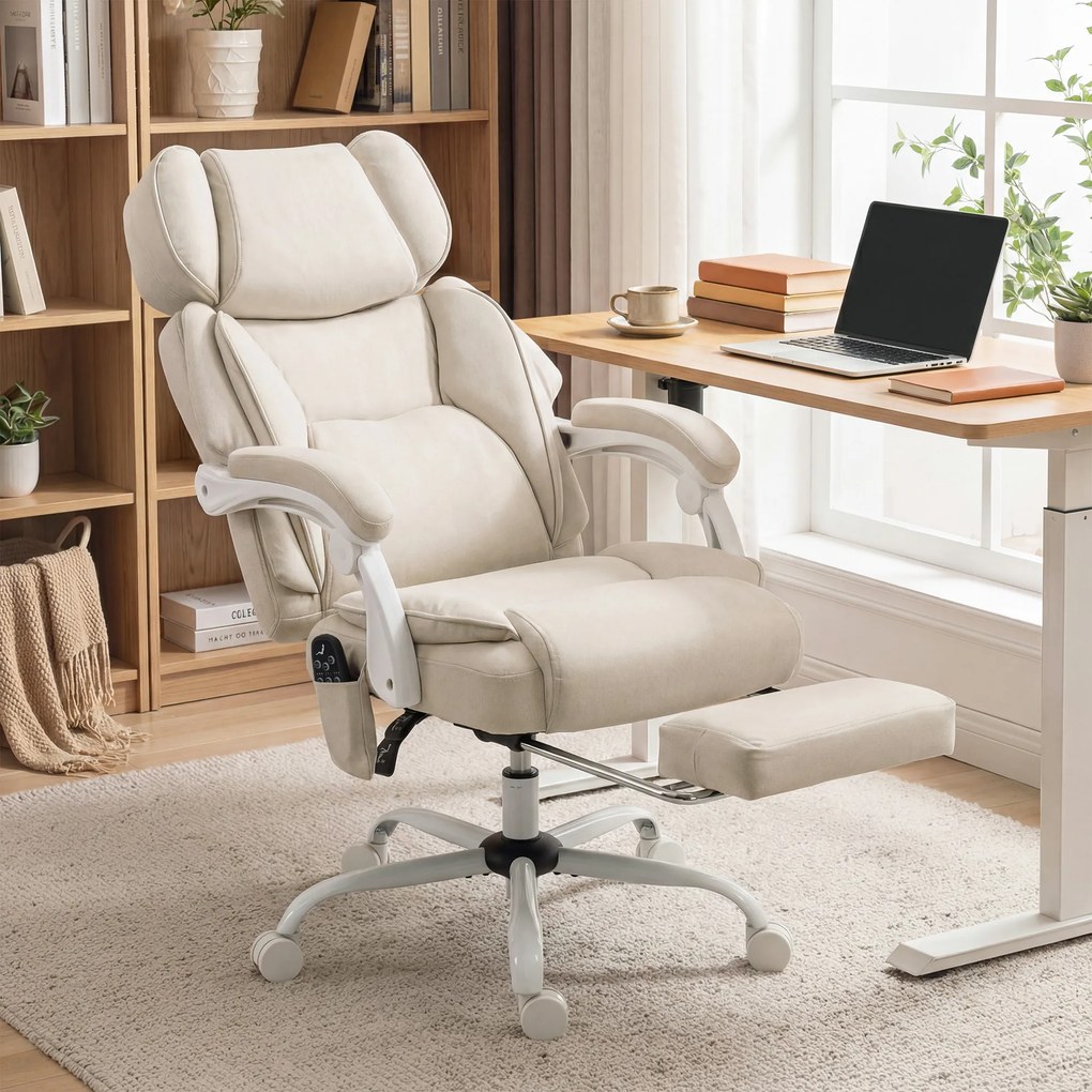HOMCOM Wysokie krzesło biurowe z masażem wibracyjnym i podgrzewaniem, ergonomiczne, regulowane, z podnóżkiem, kremowobiały | Aosom PL