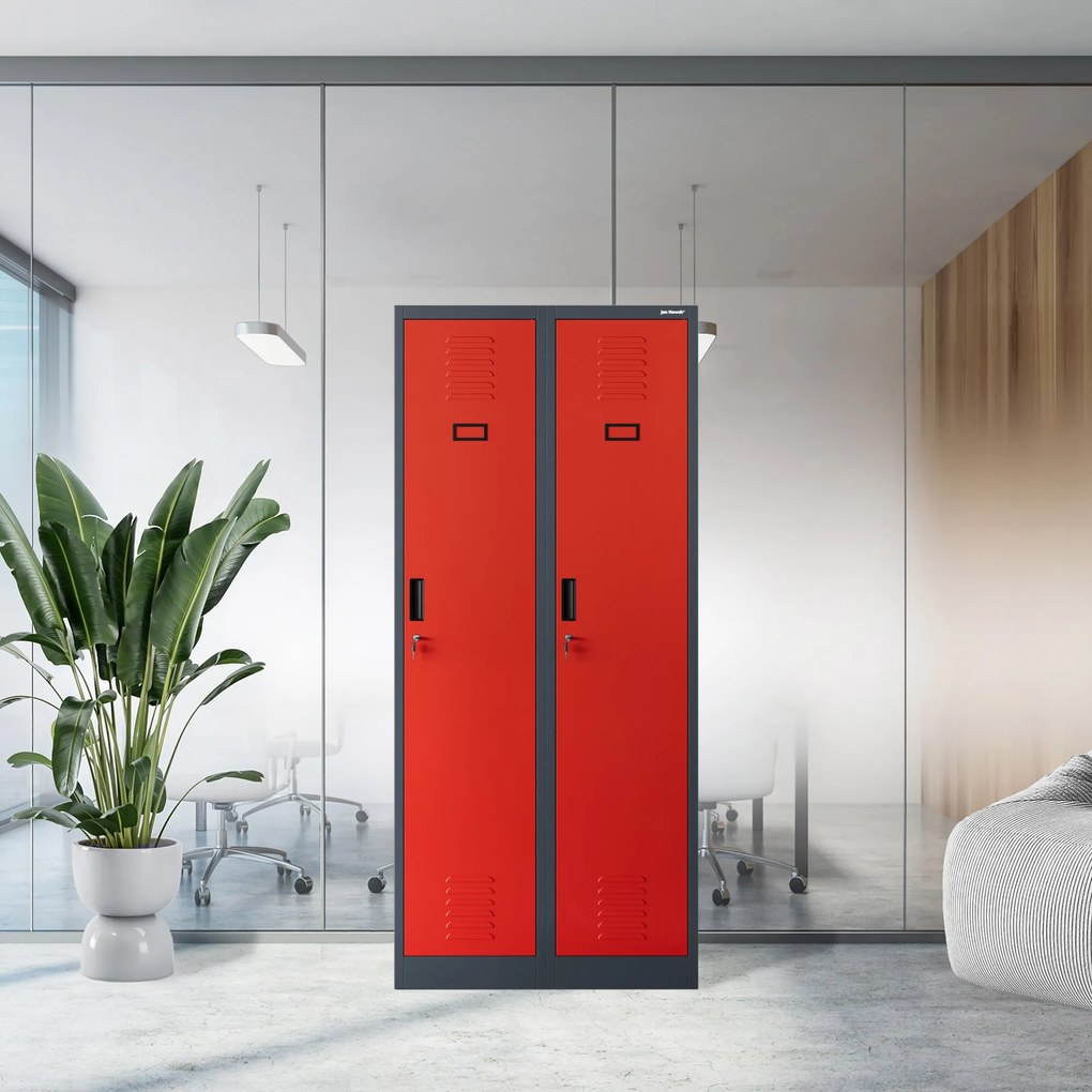 Szafka ubraniowa BHP antracytowo-czerwona: czterokomorowa KACPER, 800 x 1800 x 500 mm