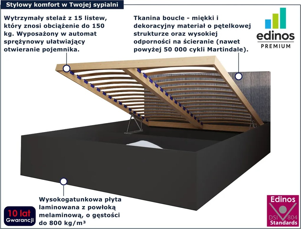Czarne łóżko z zagłówkiem baranek i materacem 90x200 L3-T52