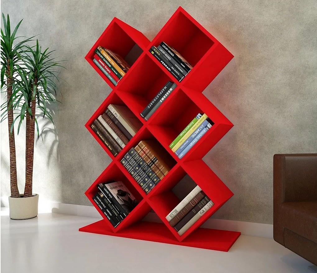 Nowoczesny regał na książki – 90 cm x 129 cm x 19,5 cm – kolor czerwony – płyta wiórowa z melaminą