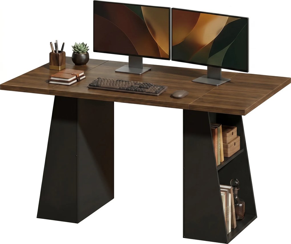 HOMCOM Biurko z 4 otwartymi półkami, Industrial Design, 140 cm, Brązowo-Czarny | Aosom PL