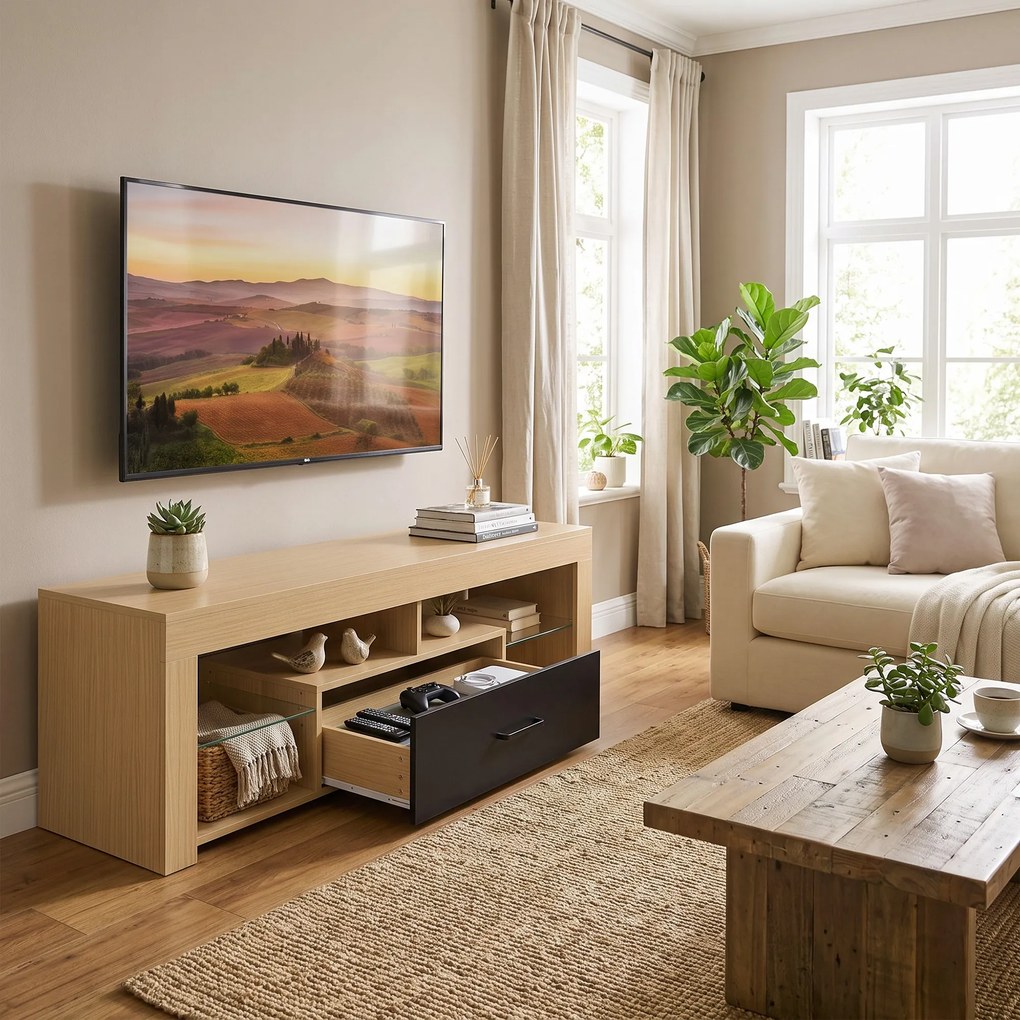 HOMCOM Lowboard RTV do telewizorów do 165,1 cm, nowoczesna szafka RTV z regulowanymi półkami szklanymi, dąb | Aosom PL