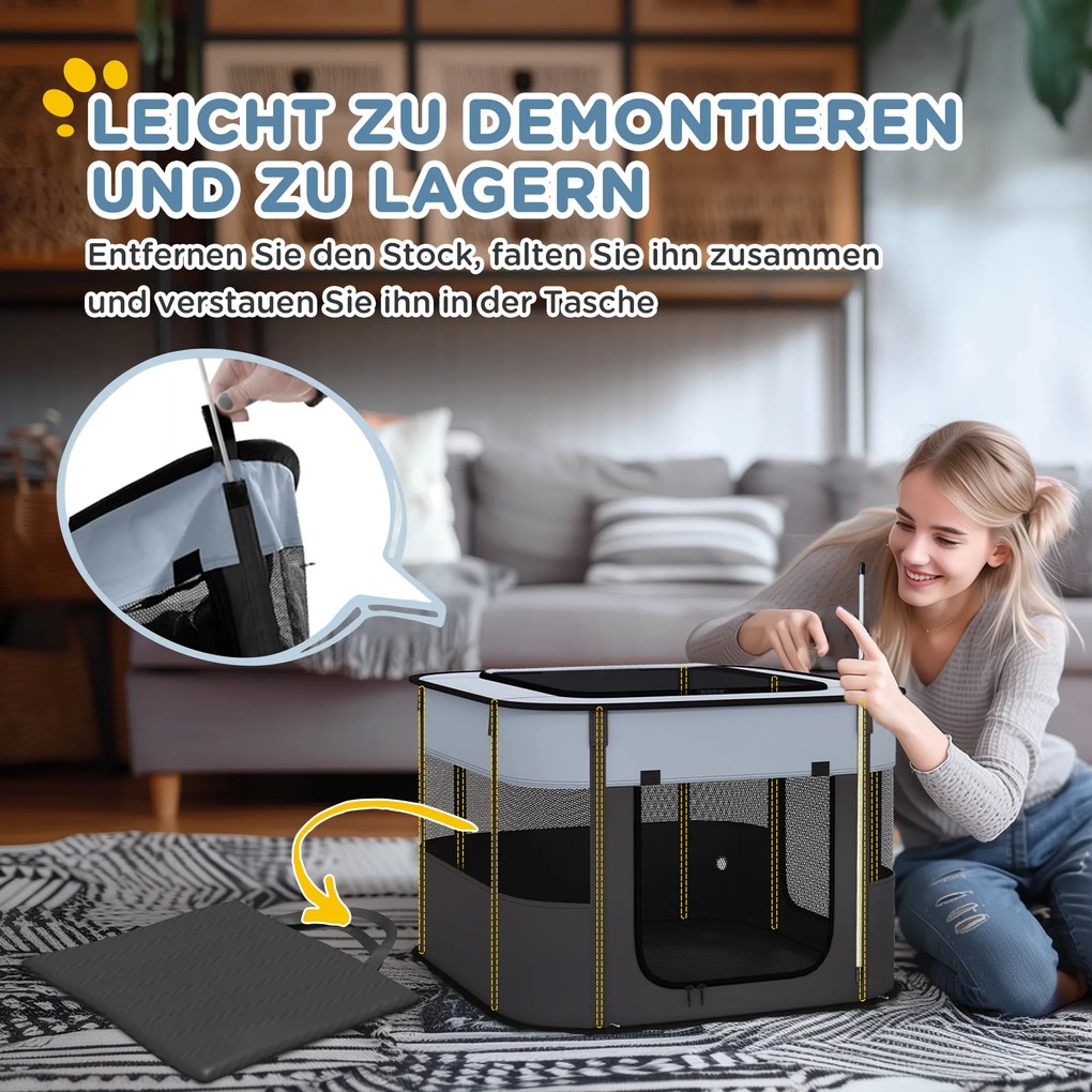 PawHut Przenośny kojec dla zwierząt, składany, z torbą do przechowywania, dla szczeniąt i kociąt, do użytku wewnątrz i na zewnątrz, Szary