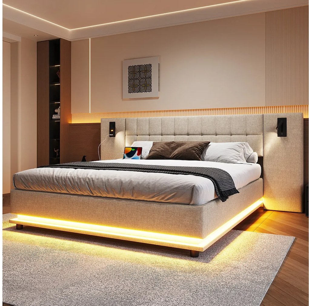Łóżko tapicerowane dwuosobowe - 180 x 200 cm - z diodami LED + zagłówek z oświetleniem + USB - len - beż