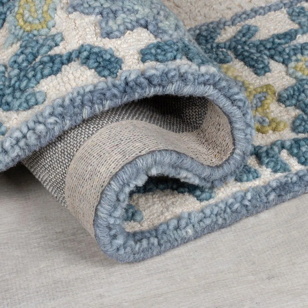 Niebiesko-kremowy dywan z mieszanki wełny tkany ręcznie 200x290 cm Myla Floral Frame – Flair Rugs