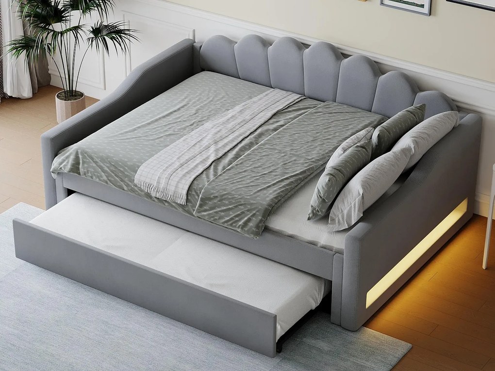 Łóżko piętrowe 140×200 cm - z taśmą LED - z łóżkiem listwowym - MDF+len - szare