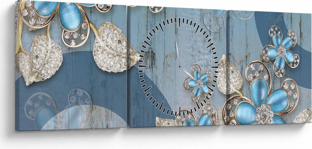 Obraz - Niebieskie kwiaty (z zegarem) (90x30 cm)
