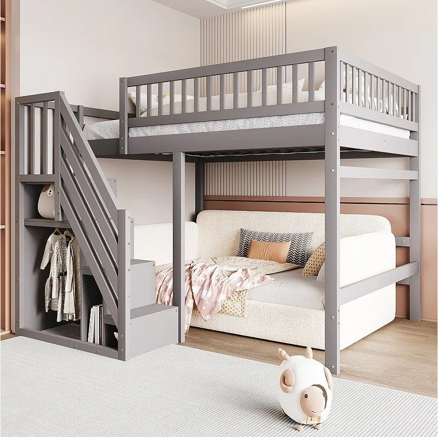 Łóżko piętrowe dla dzieci - 140 x 200 cm - schody z schowkiem - drewno - szare