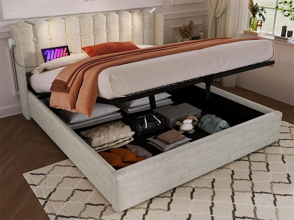 Łóżko tapicerowane z LED i portami ładowania USB - 160x200cm - tkanina lniana - z stelażem na listwy - Beżowe