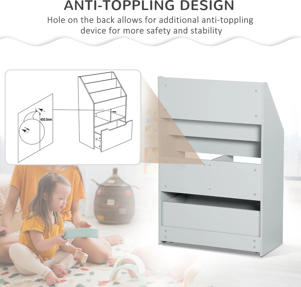 HOMCOM Regał Dziecięcy z Szufladą, Regał na Książki z Przegrodami, 60 x 29,9 x 90 cm, Szary