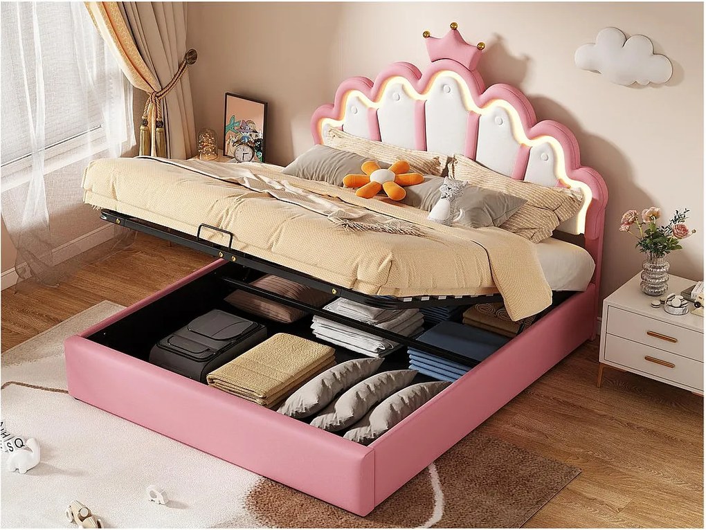 Łóżko tapicerowane z ekoskóry 140x200cm - łóżko księżniczki z LED i koronowymi zdobieniami - Różowe