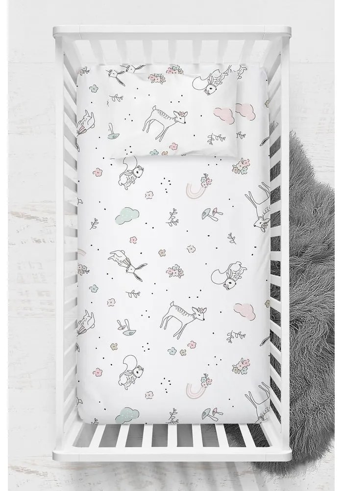 Białe prześcieradło dziecięce do łóżeczka z bawełny renforcé z gumką 70x120 cm Flowers – Mijolnir