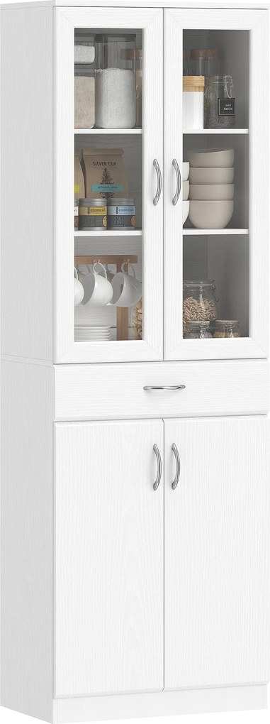 HOMCOM Szafka kuchenna wysoka kredens biały z szufladą regulowaną półką i szklanymi drzwiami 60x35x180 cm | Aosom PL