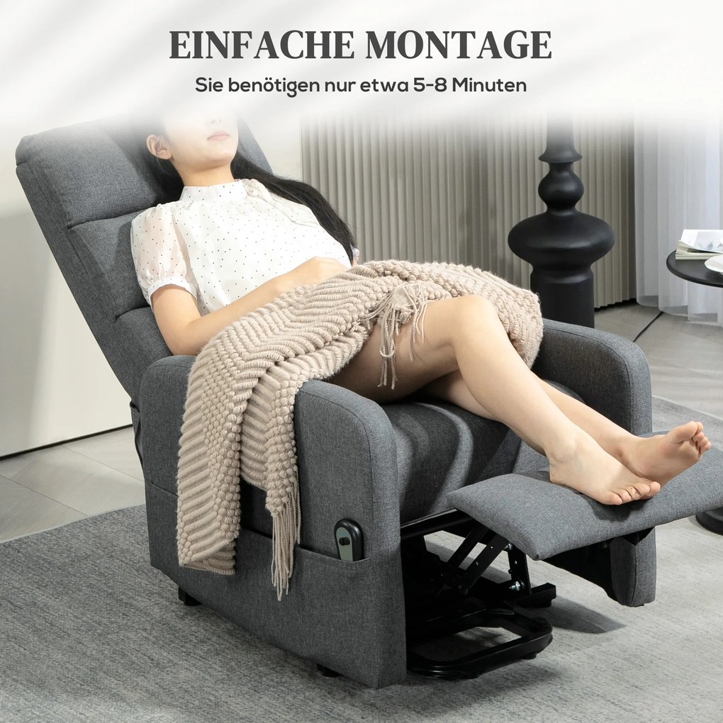 HOMCOM Elektryczny fotel relaksacyjny z funkcją pomocy przy wstawaniu, pilotem, miękką pianką, boczną kieszenią, pokryciem w stylu lnu, Szary