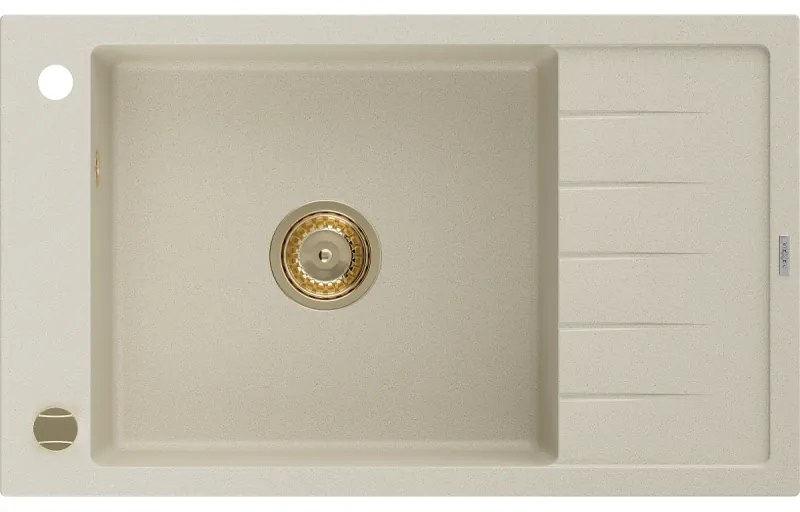 Mexen Elias zlewozmywak granitowy 1-komorowy z ociekaczem 795 x 480 mm, beżowy, syfon złoty - 6511791005-69-G