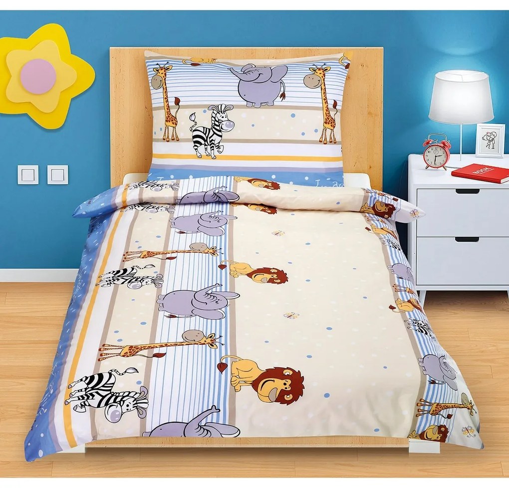 Pościel bawełniana Junior Safari niebieski, 140 x 200 cm, 70 x 90 cm